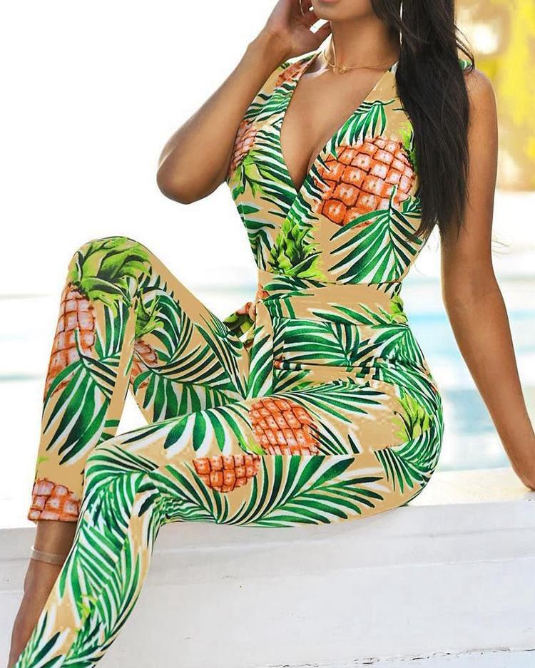 

Pineapple Print Plunge Jumpsuit, Green