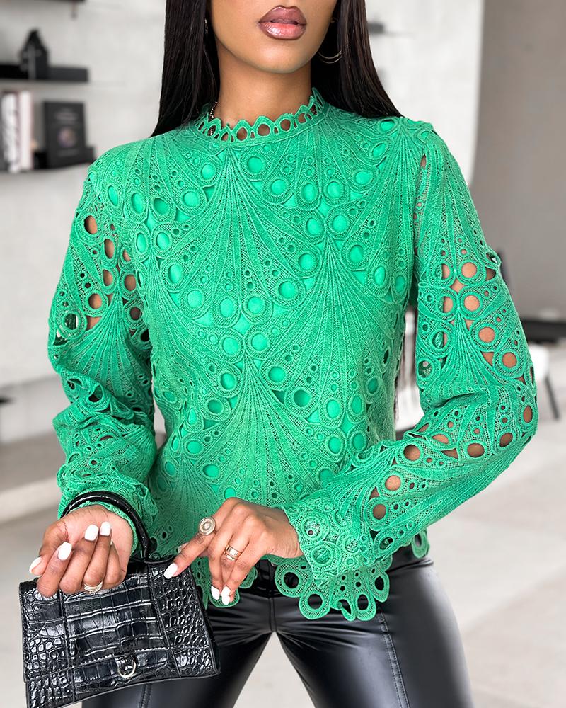 

Stand Collar Lace Asymmetrical Hem Top, Green