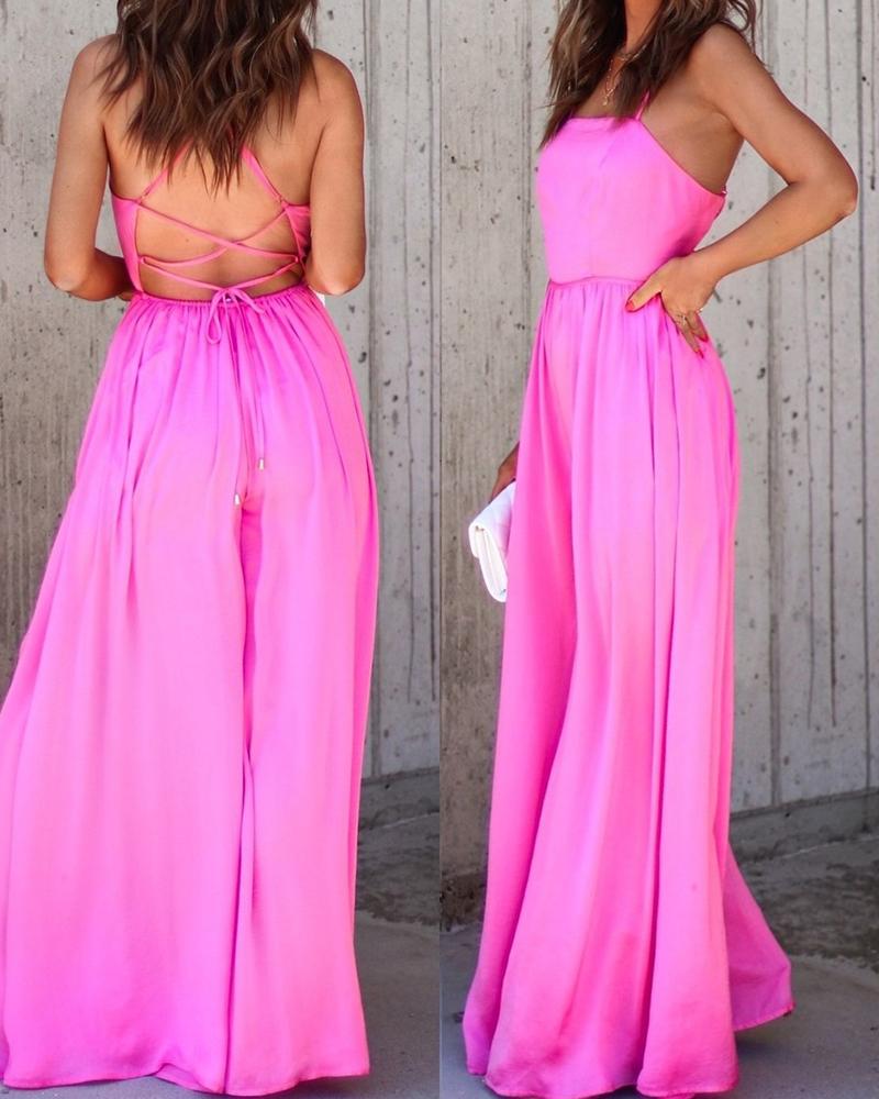 

Backless Lace-up Wide Leg Flared Jumpsuit, Hot pink