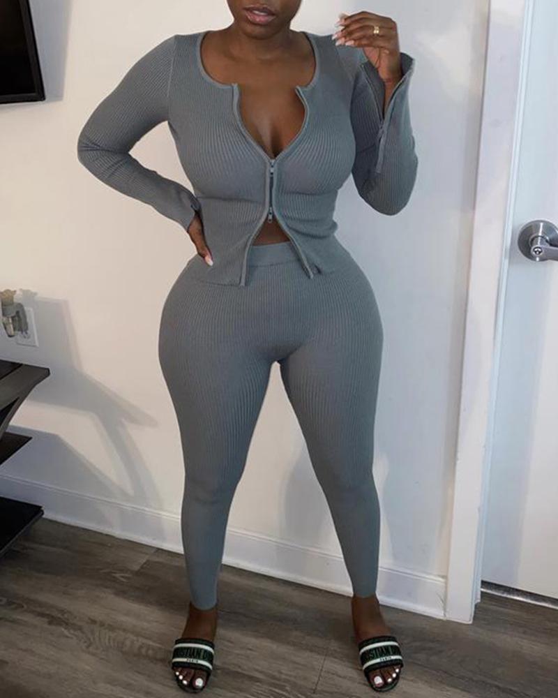 

Plain Zipper Design Long Sleeve Ribbed Top & Skinny Pants Set, Gray
