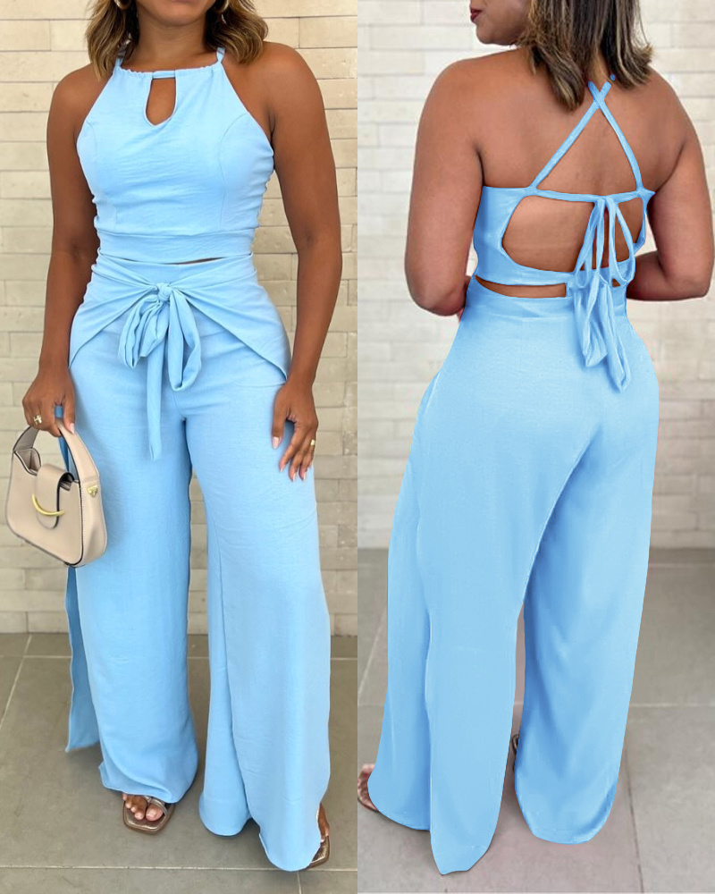 

2 Pieces Summer Outfits Halter Sleevelss Hollow Out Top and Casual Faux Two Piece Tied Detail Wide Leg Pants Set, Sky blue