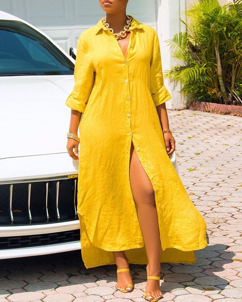 

Solid Buttoned Long Sleeve Shirt Dress, Yellow