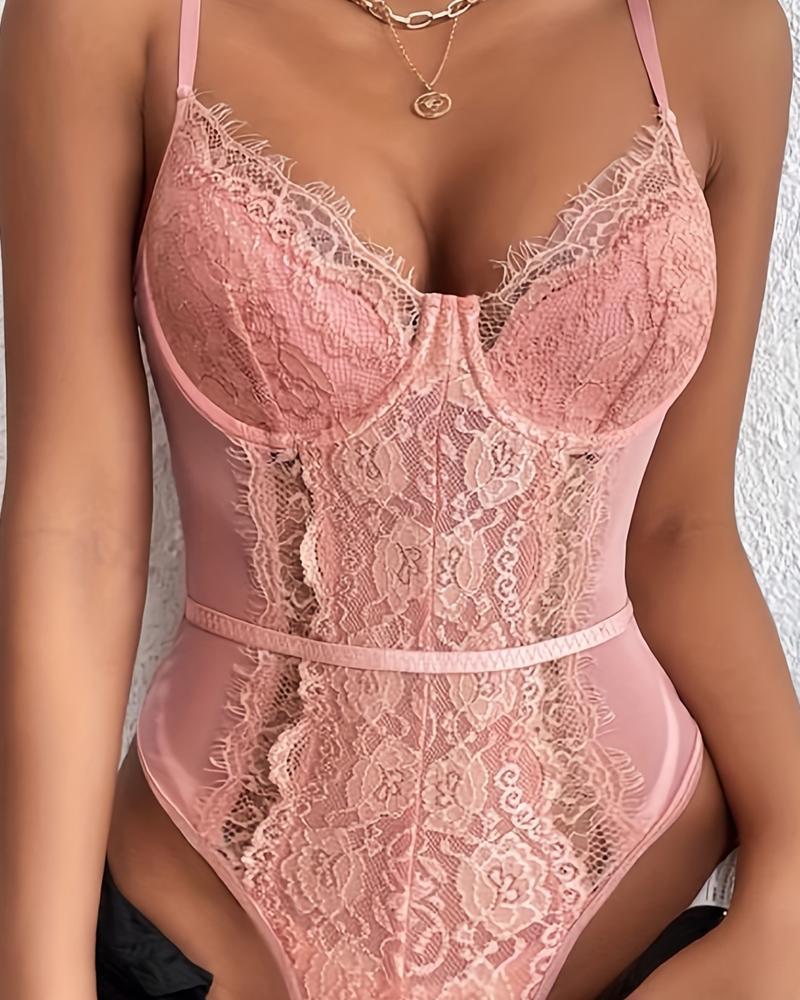 

Body de encaje con escote en V sin mangas y tirantes sexys de ChicMe ShapeSculpt para control del abdomen, Pink
