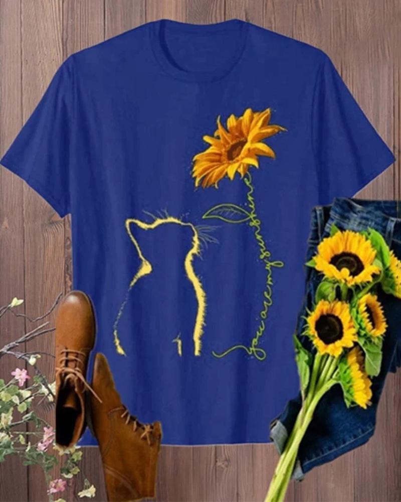 

Cat Sunflower Print Short Sleeve T-shirt, Blue
