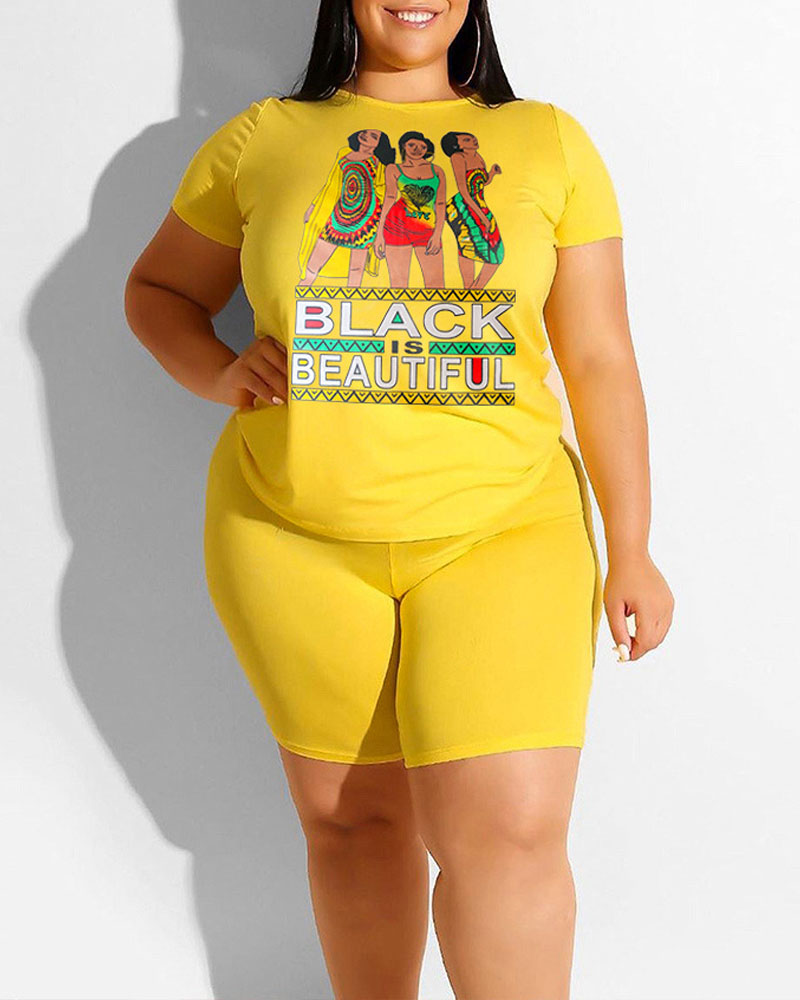 

Plus Size Figure Letter Print Top & Shorts Set, Yellow