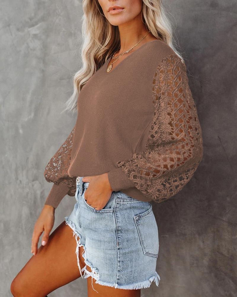 

Guipure Lace Patch Lantern Sleeve Top, Coffee