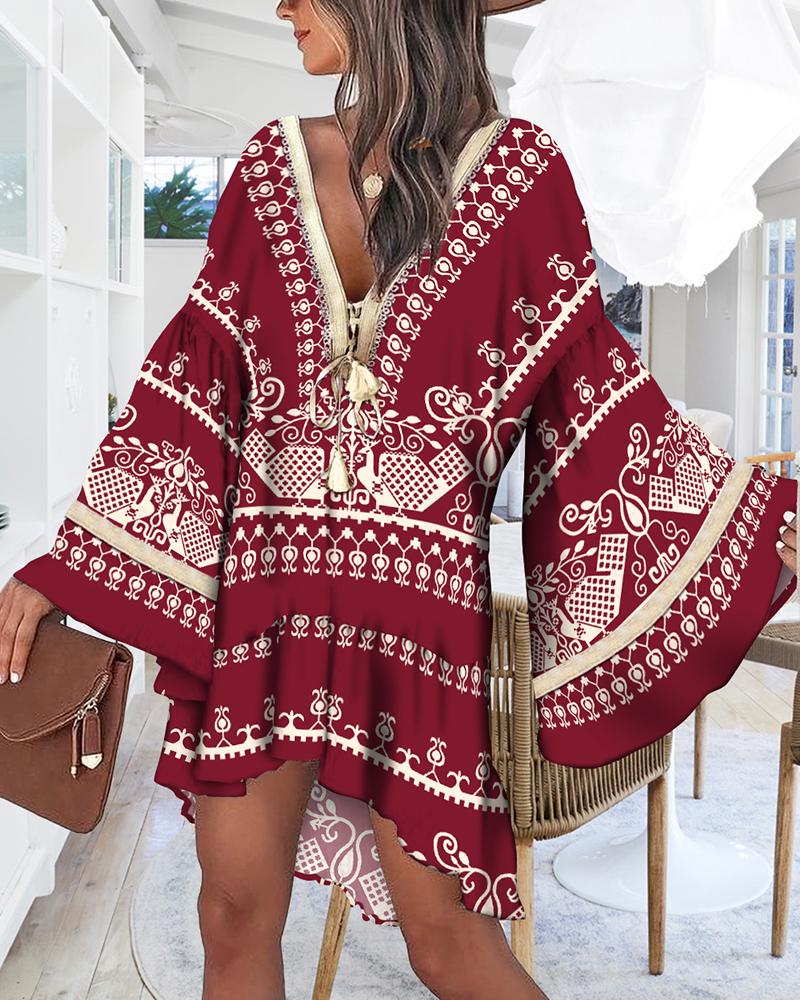 

Vintage Tribal Print Bell Sleeve Tassel Swing Dress, Wine red