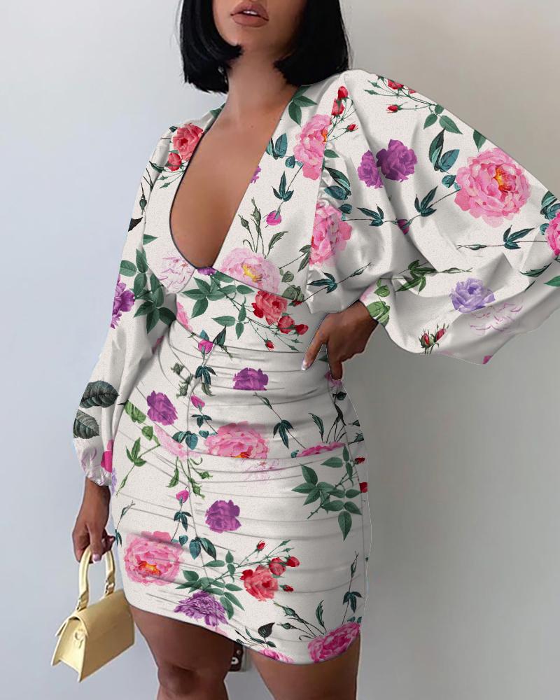 

Floral Print Lantern Sleeve Ruched Bodycon Dress, Multicolor