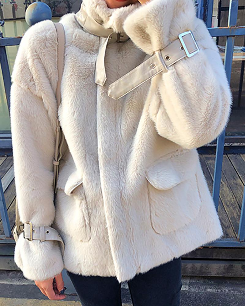 

Buckle Tape Decor High Neck Faux Fur Coat, Beige