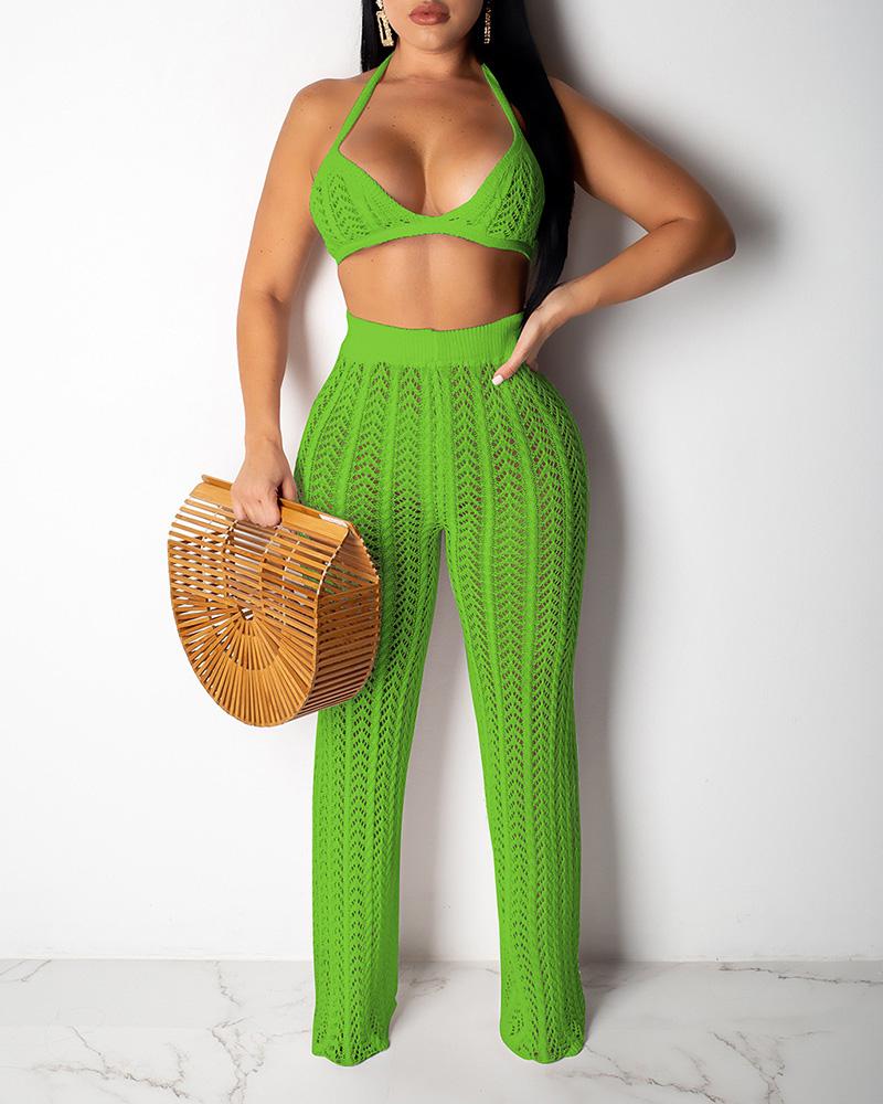 

Knit Halter Hollow Out Crop Top & Pants Set, Green