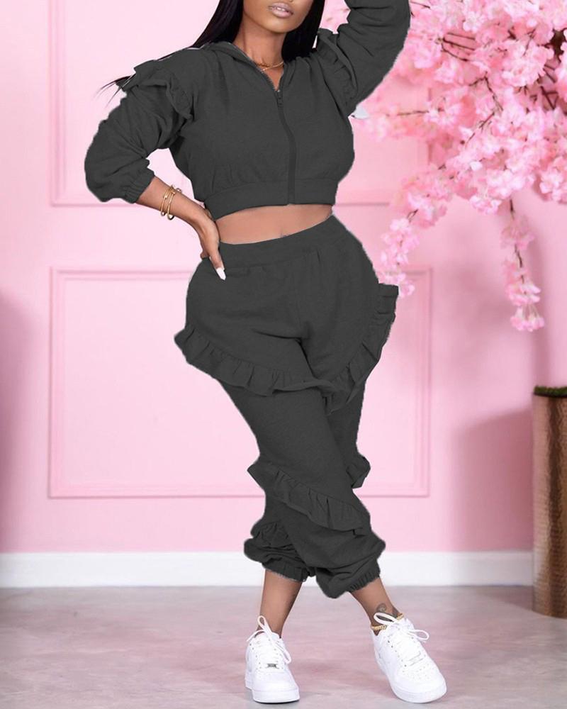 

Frill Hem Hooded Zip Up Crop Top & Pants Set, Black