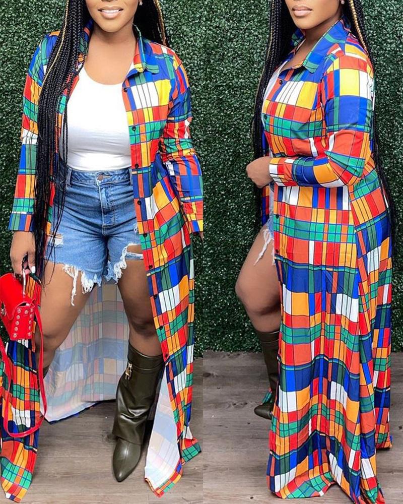

Geometric Print Button Down Longline Shacket, Multicolor