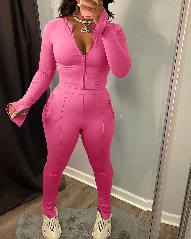 

Split Hem Flare Sleeve Zip Up Top & Leggings Sports Set, Hot pink