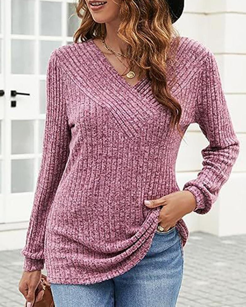 

V-Neck Long Sleeve Ribbed Top, Pink