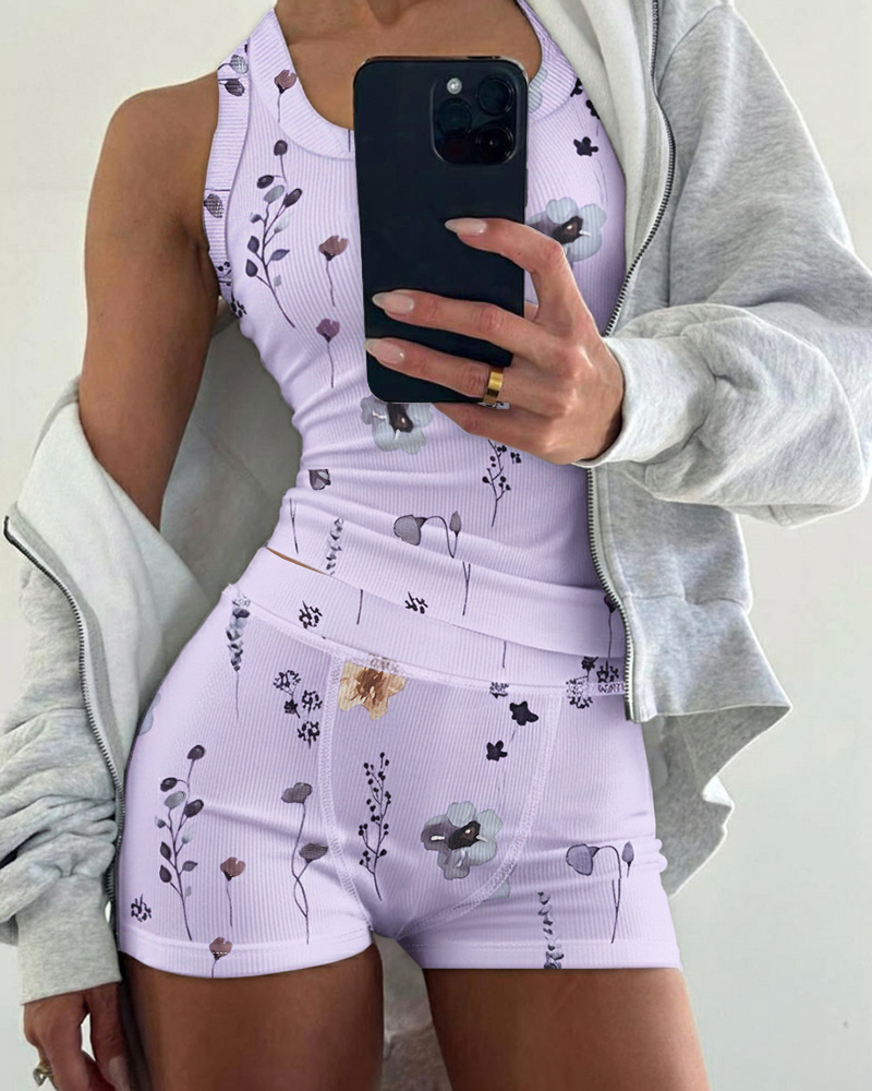 

Conjunto de 2 piezas con estampado floral, camiseta sin mangas con cuello en U y pantalones cortos con cintura elástica, conjunto de canalé de corte entallado, Purple