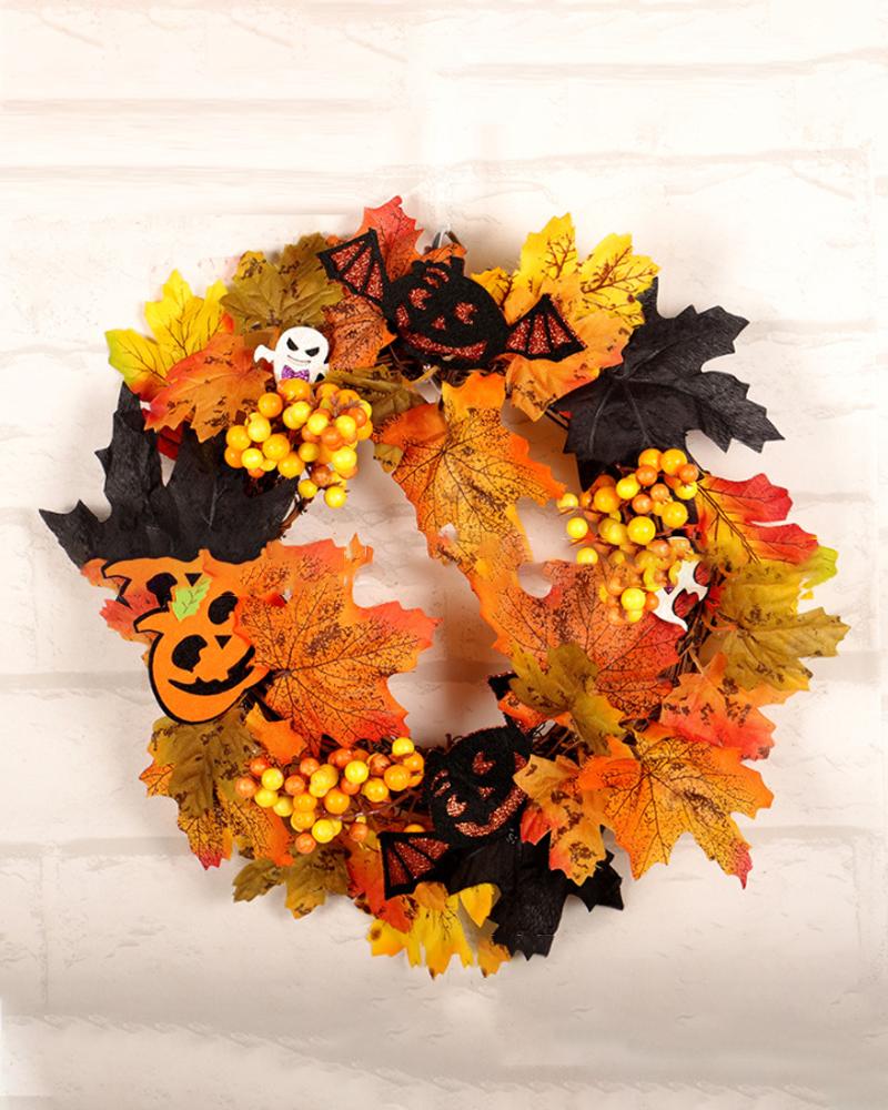 

Fall Wreath Autumn Harvest Wreaths With Maple Leaf & Light Garland For Front Door Halloween Thanksgiving Festival Decoration, Style1