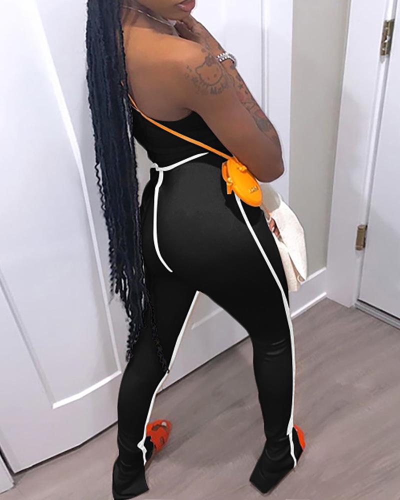 

Mock Neck Cutout Colorblock Top & Pants Set, Black