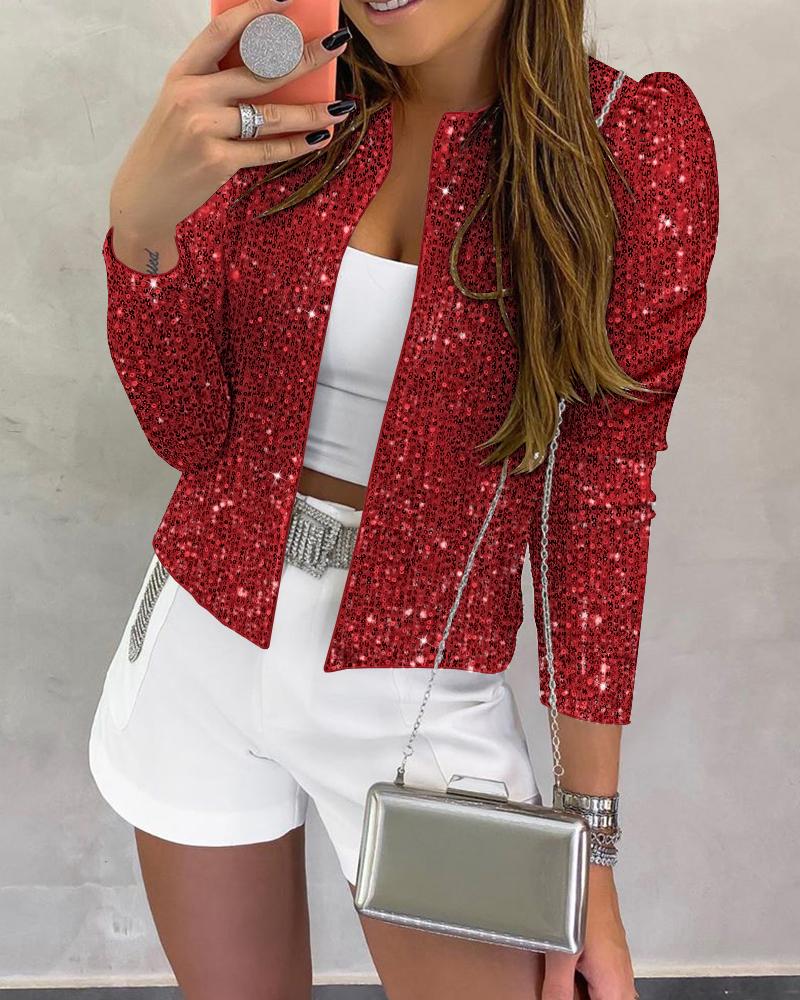 

Sparkly Sequin Open Front Puff Sleeve Blazer Coat, Red