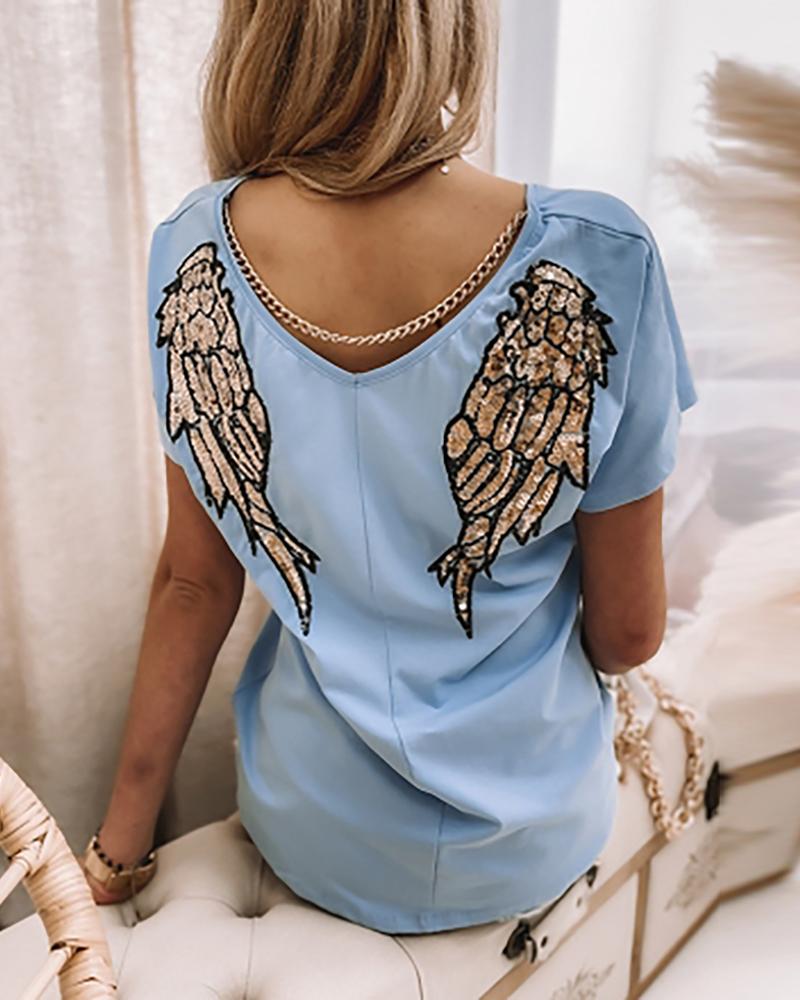

Sequins Wings Pattern Short Sleeve T-shirt, Blue