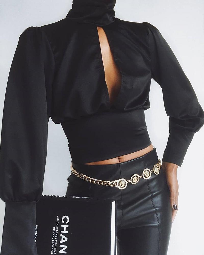 

Solid Cut Out Chest Tight Waist Blouse, Black