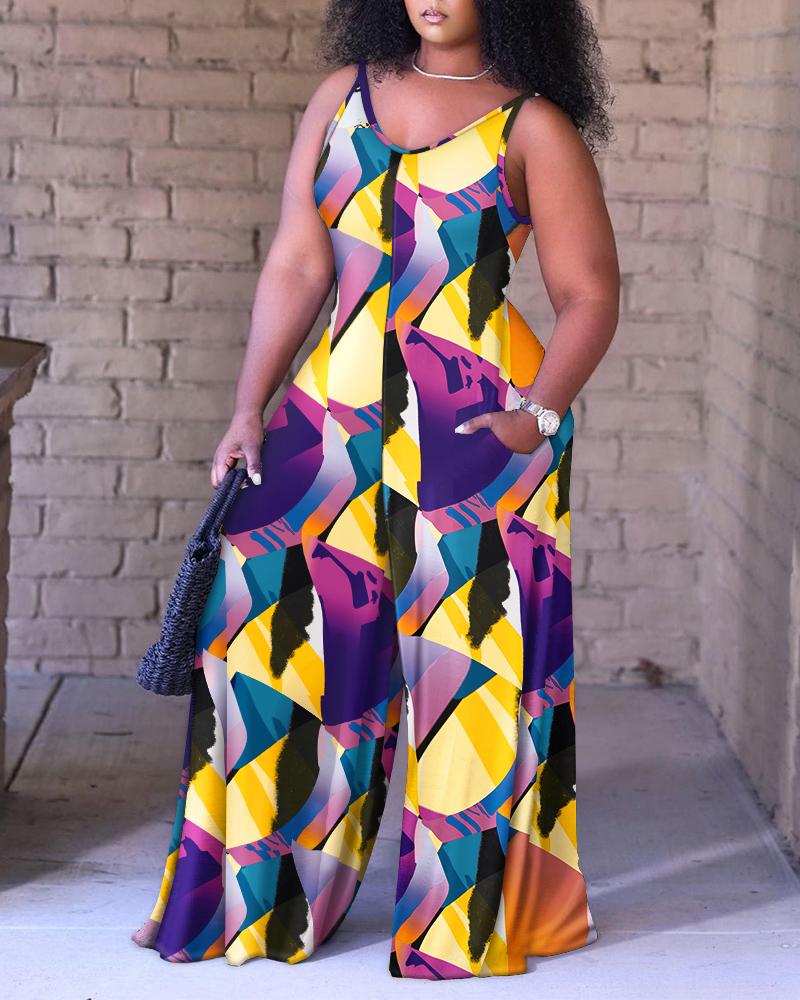 

Plus Size Abstract Geometric Print Wide Leg Jumpsuit, Multicolor