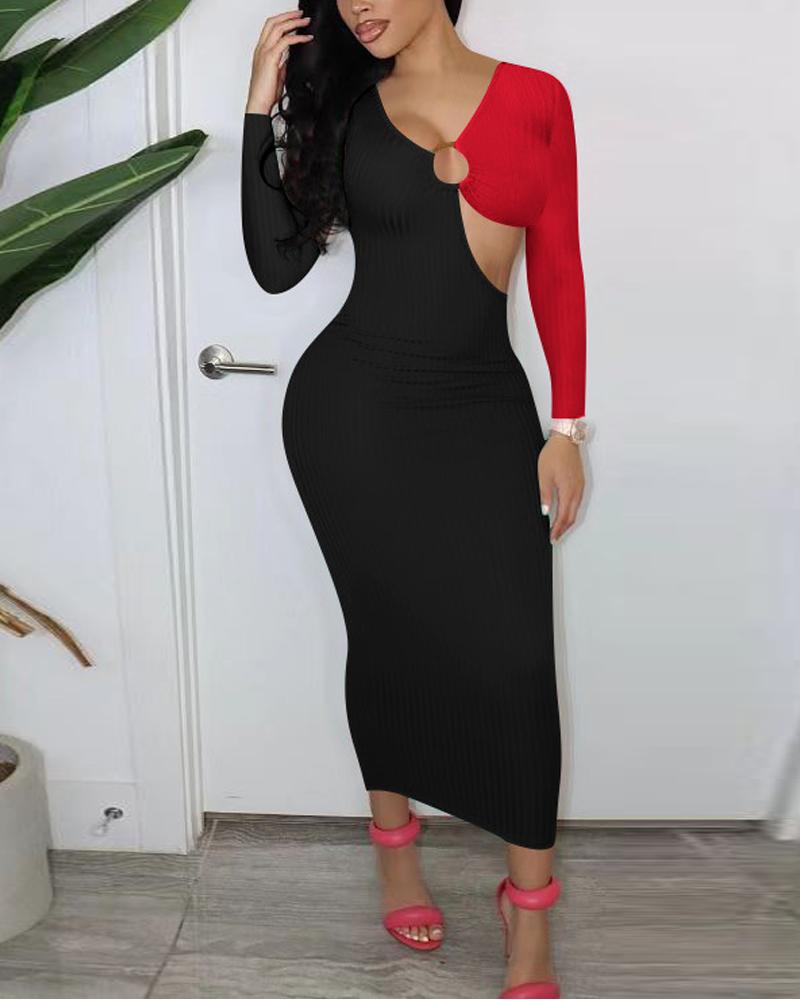 

Colorblock O-Ring Cutout Long Sleeve Bodycon Dress, Black