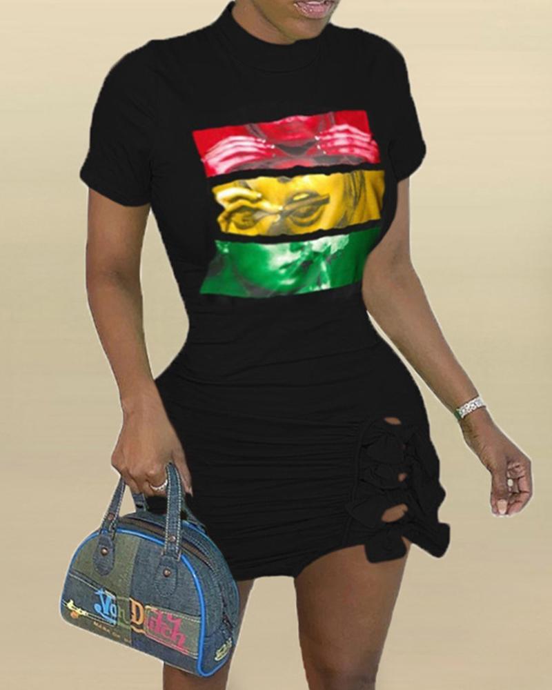 

Cartoon Print Short Sleeve Cut-out Dress, Black