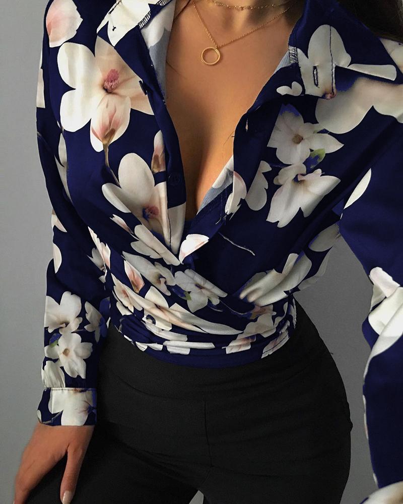

Floral Print Long Sleeve Buttoned Shirt, Purplish blue