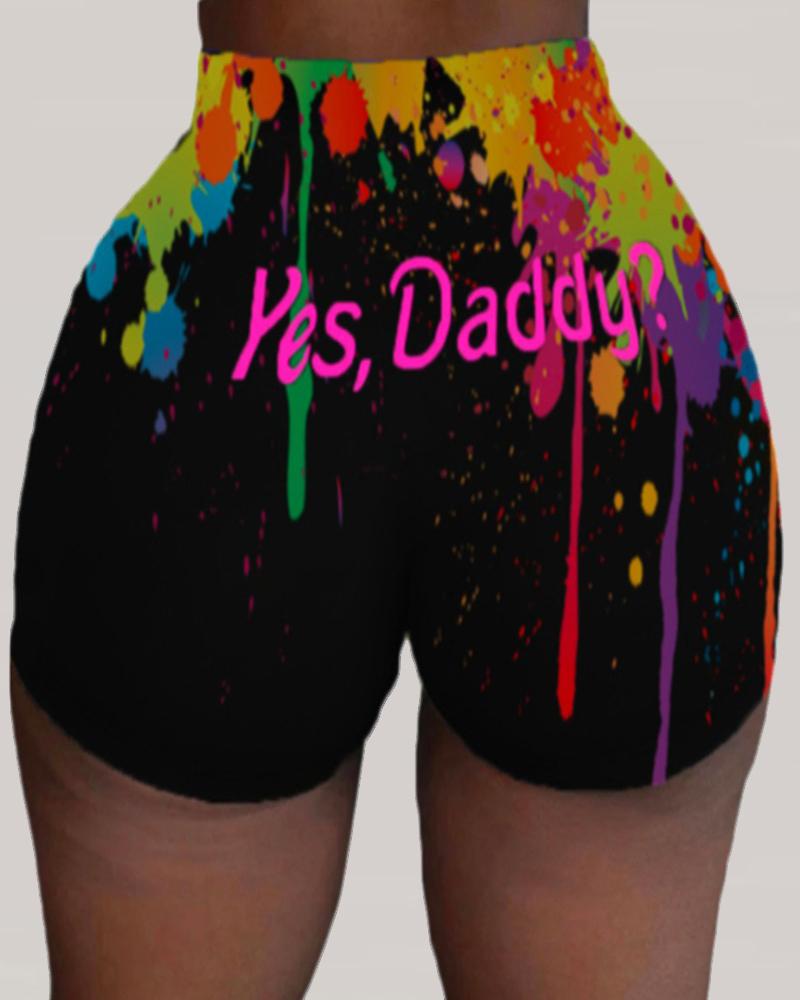 

Brush/Letter Print High Waist Casual Shorts, Black