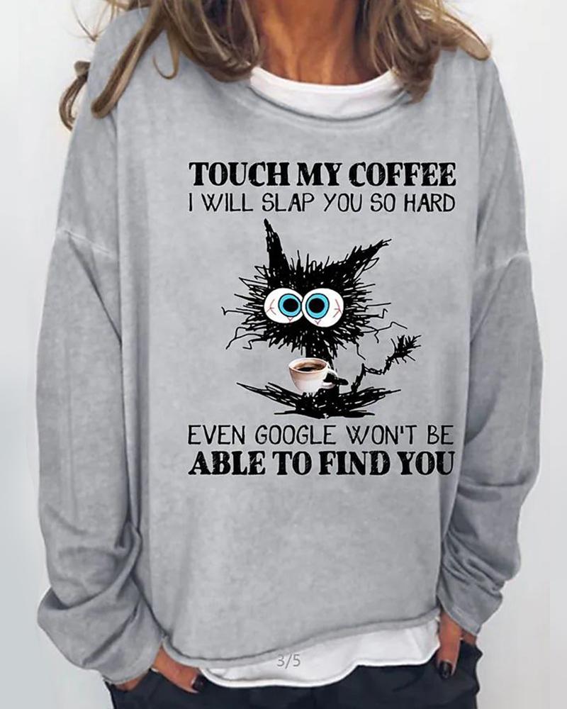 

Letter Cat Print Long Sleeve Casual Top, Gray