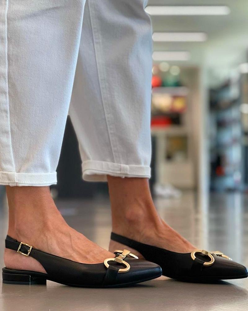 

Solid Metallic Buckle Pointed-toe Flat Mule Shoes Slip-on, Black
