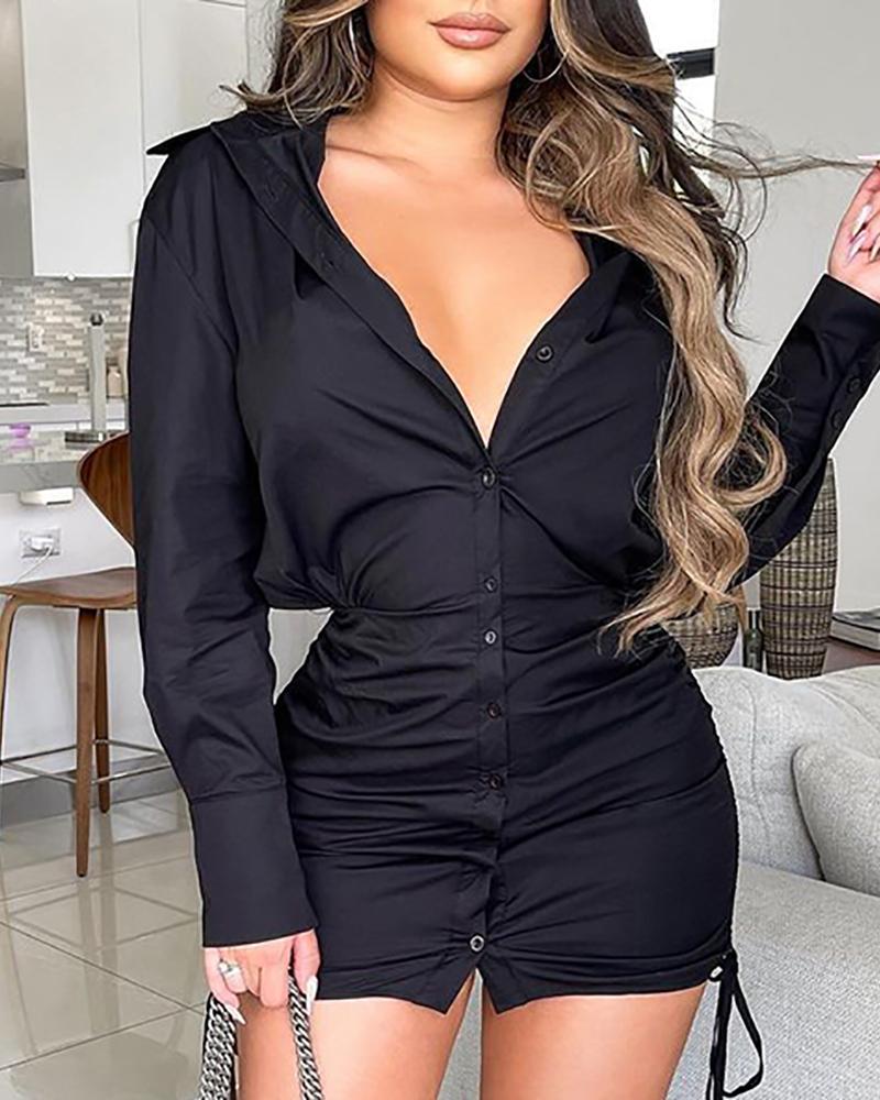 

Drawstring Ruched Buttoned Skinny Shirt Dress, Black