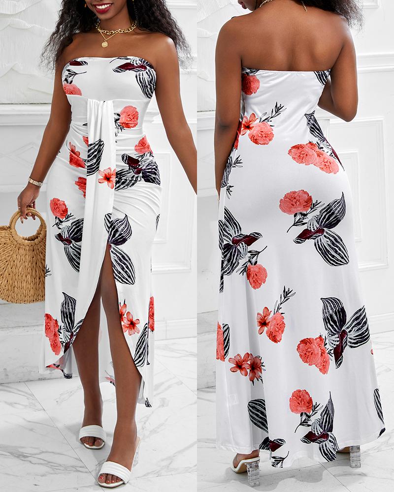 

Floral Print Ruched Slit Bandeau Casual Dress, White