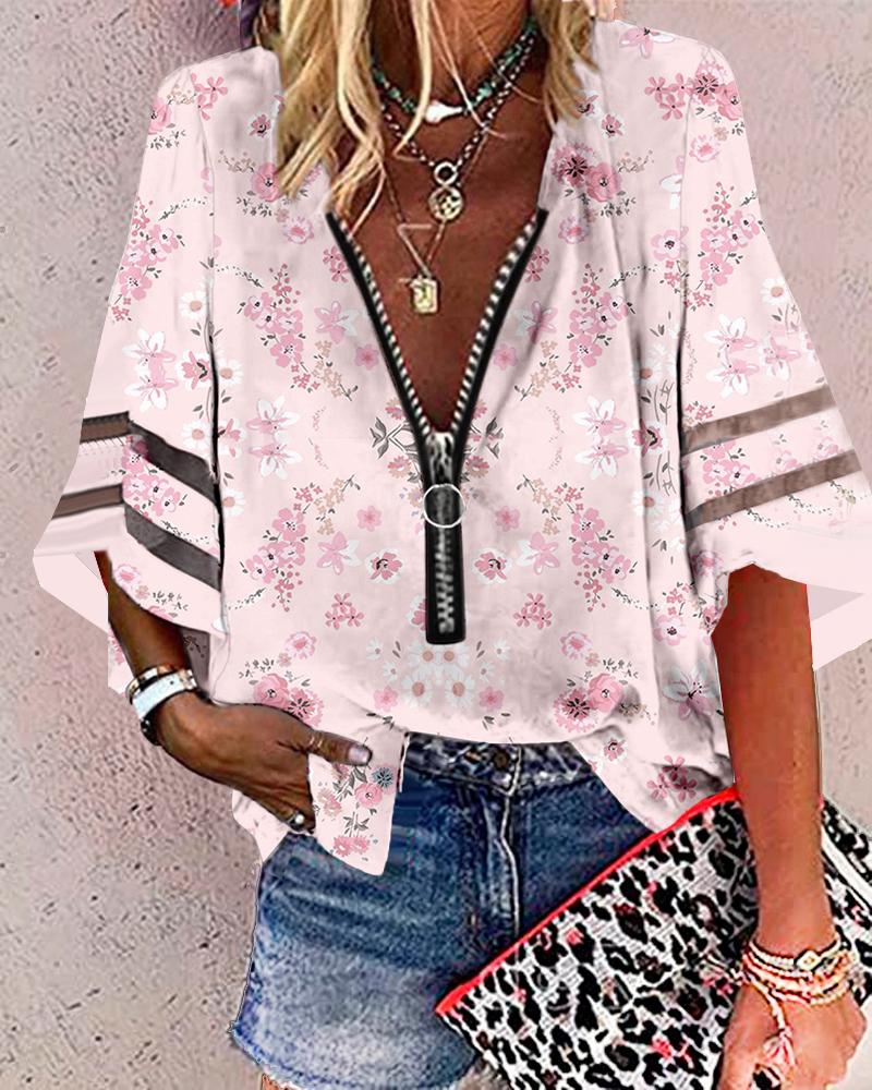

Pink Ditsy Floral Print Zip Front Top