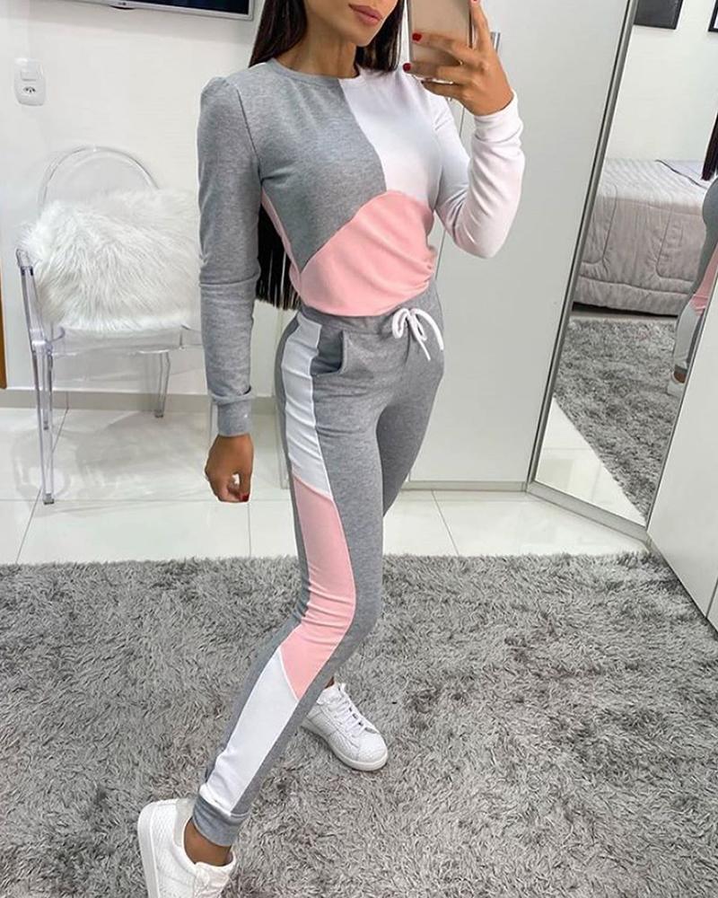 

Colorblock Long Sleeve Top & Drawstring Pants Sets, Gray