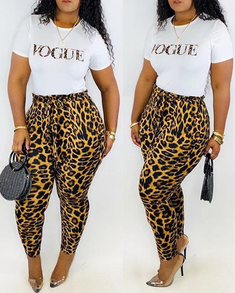 

Plus Size Leopard Letter Print Casual Top & Pants Set