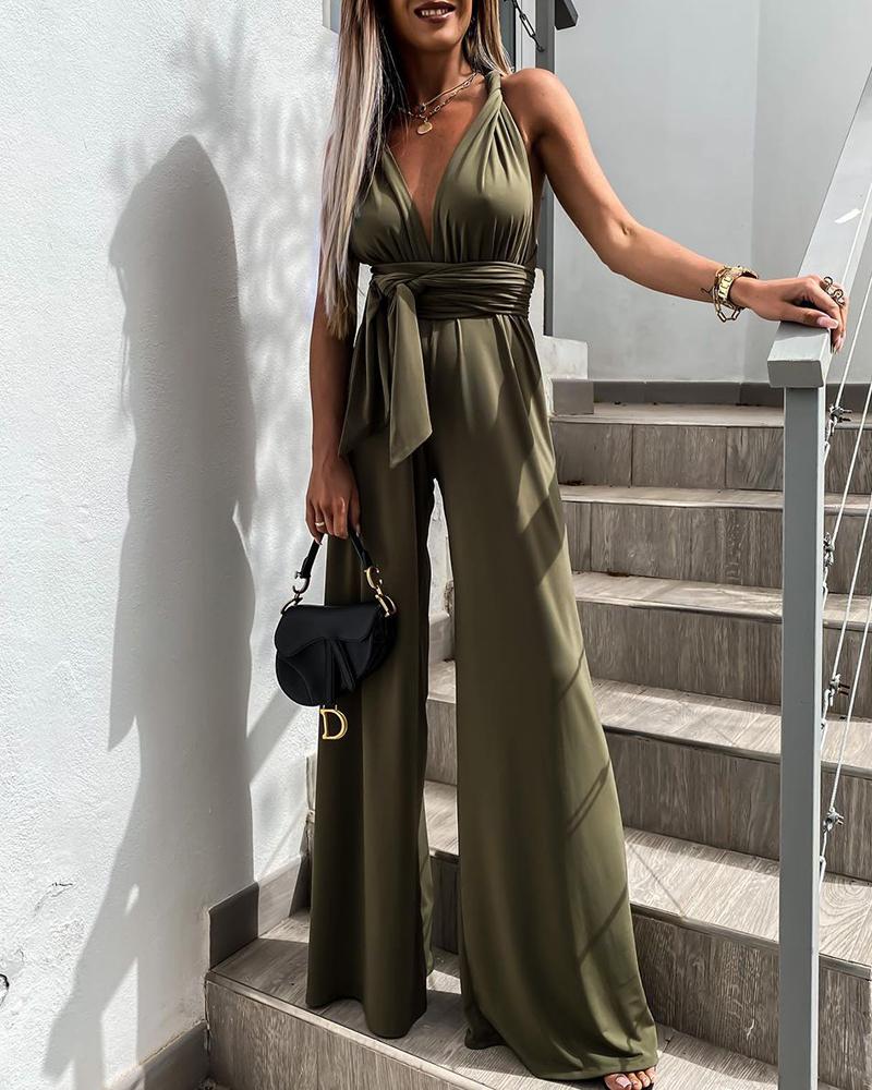 

V Neck Knotted Flared Jumpsuit, Army green