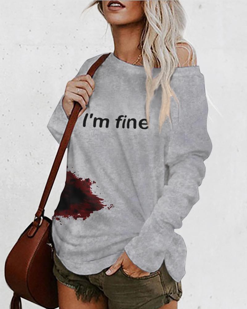 

Halloween Letter Blood Print Long Sleeve Top, Gray