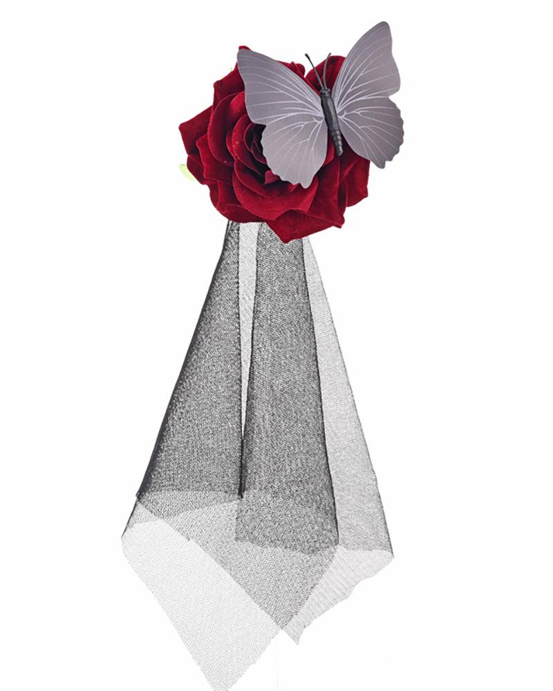 

Halloween Hair Clip Elegant Butterfly Rose Veil Multipurpose Hair Barrette Cosplay Brooch Pin, Red