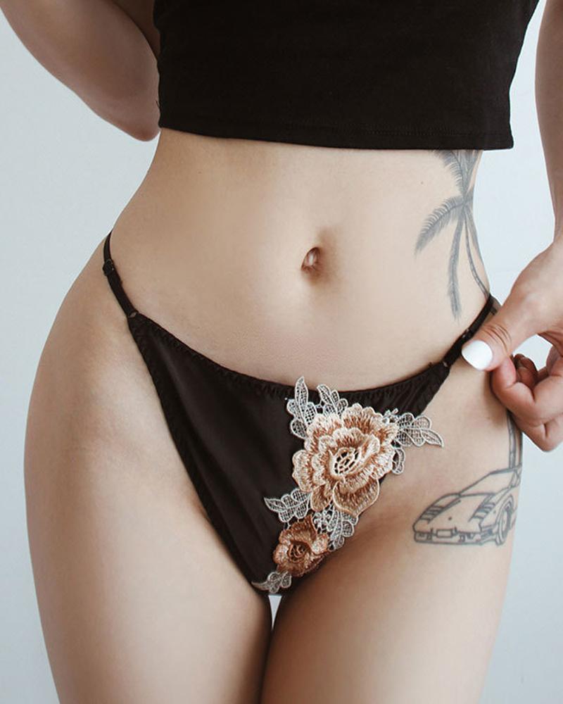 

Embroidery Floral Low Waist Thong Panty, Black