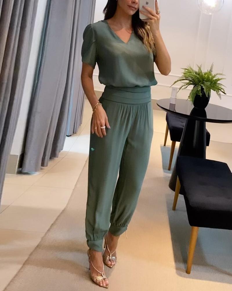 

Puff Sleeve Top & High Waist Cuffed Pants Set, Green