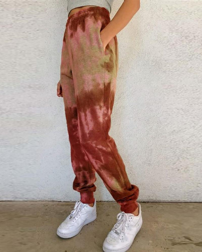 

Tie Dye Print Pocket Design Cuffed Grey Sweatpants, Brown