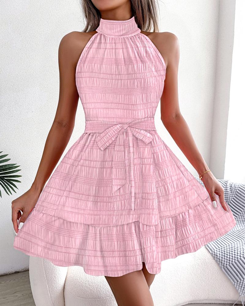 

Sleeveless Tied Detail Ruffle Hem Textured Casual Dress, Pink