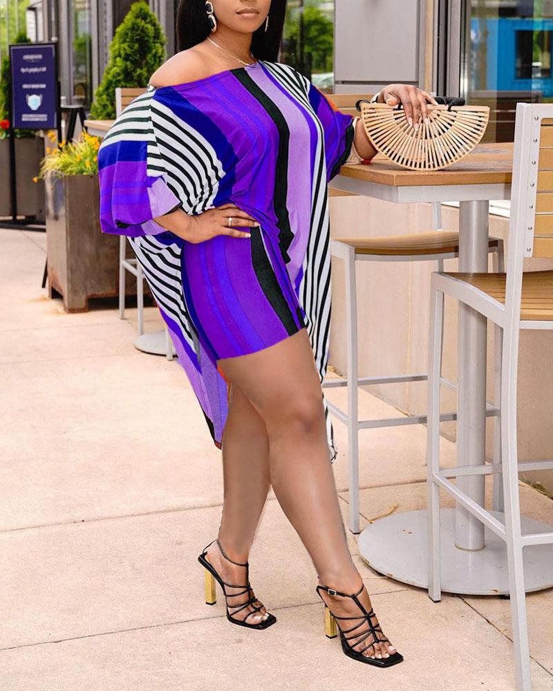 

Striped Print Asymmetrical Top & Shorts Set, Purple