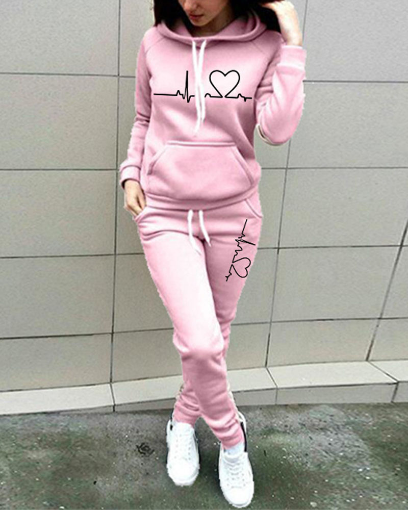 

Heart Print Drawstring Hoodie & Sweatpants Set, Pink