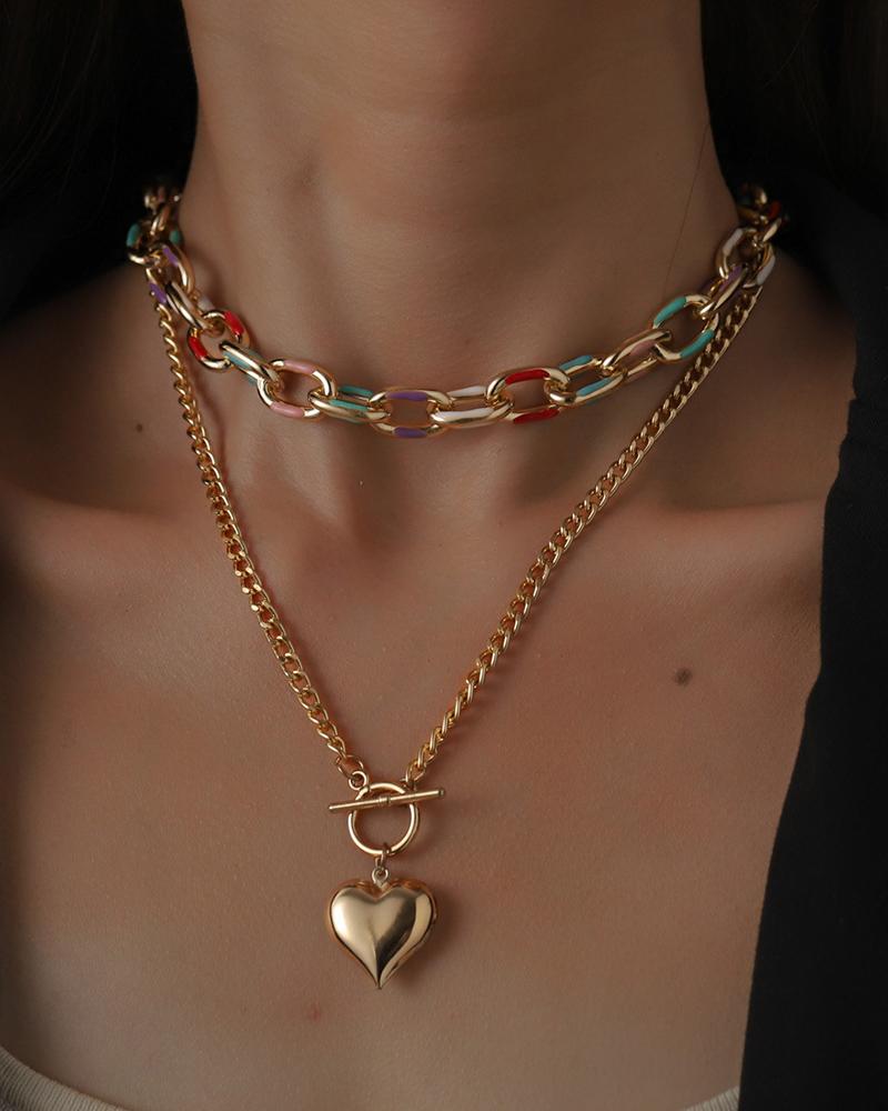 

Heart Pendant Colorful Chain Necklace, Gold