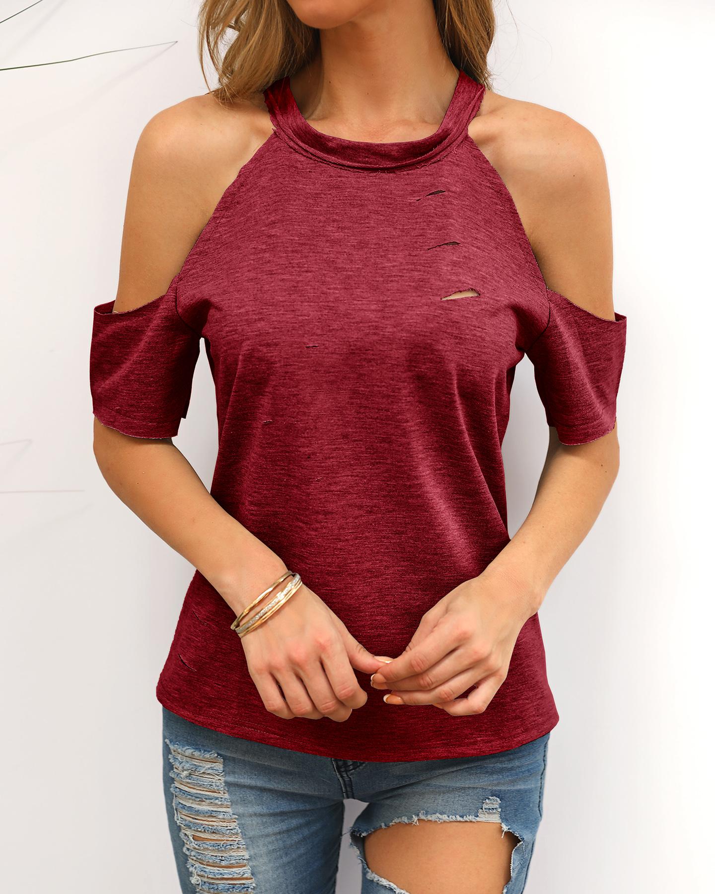 

Cold Shoulder Ribbed Cutout Casual Tee, Wine red