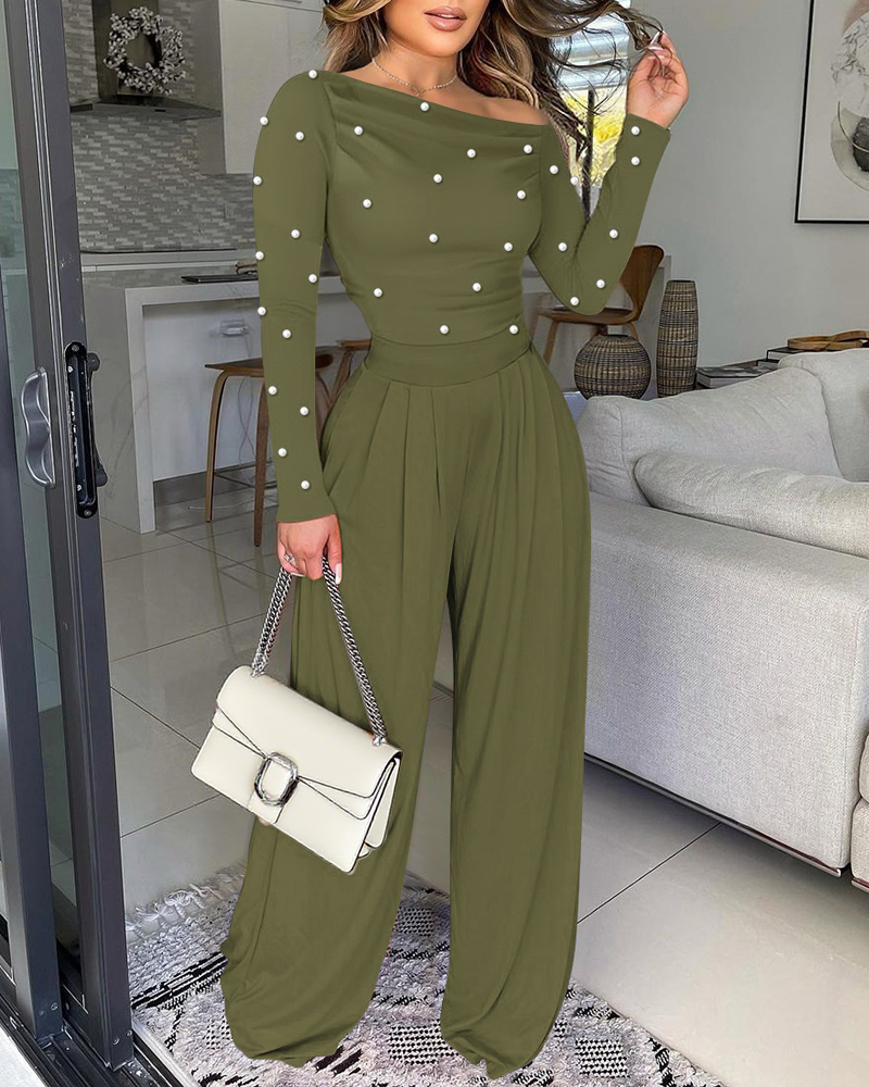 

Combinaison décontractée à col oblique et manches longues avec taille cintrée et imprimé perles, avec fermeture éclair dans le dos et jambes larges, Army green