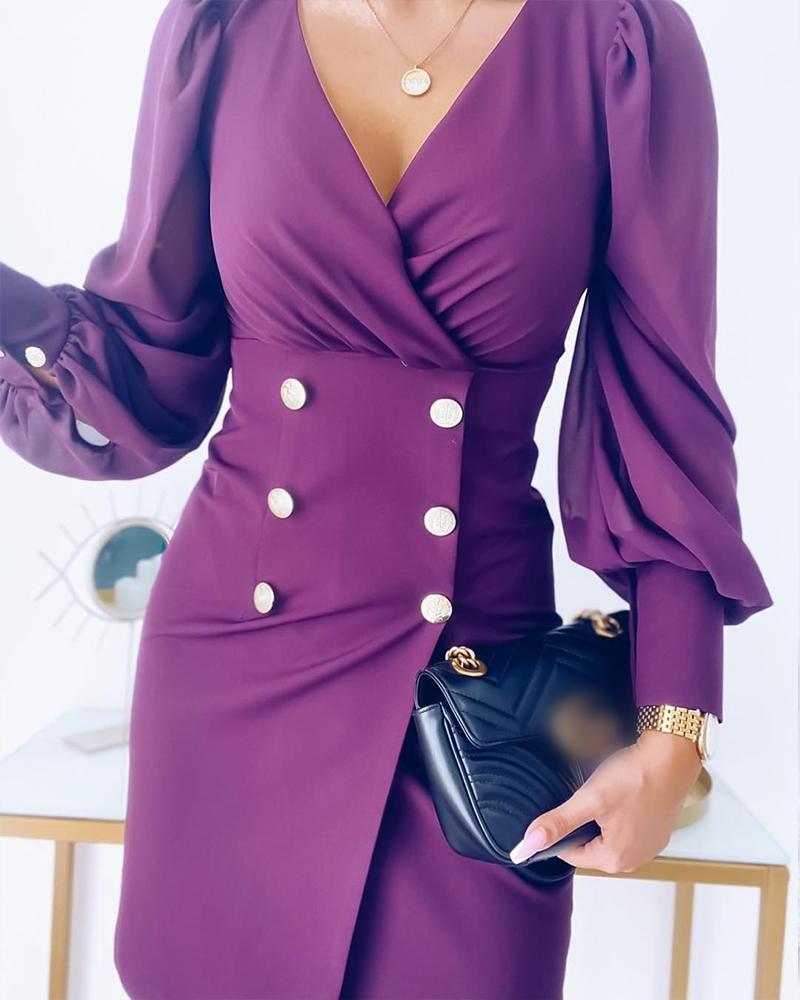 

Double Breasted Puff Lantern Sleeve Work Dress, Purple