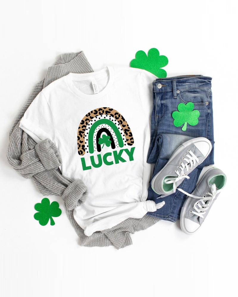 

St. Patrick' Day Leopard Letter Clover Print Casual T-shirt, White